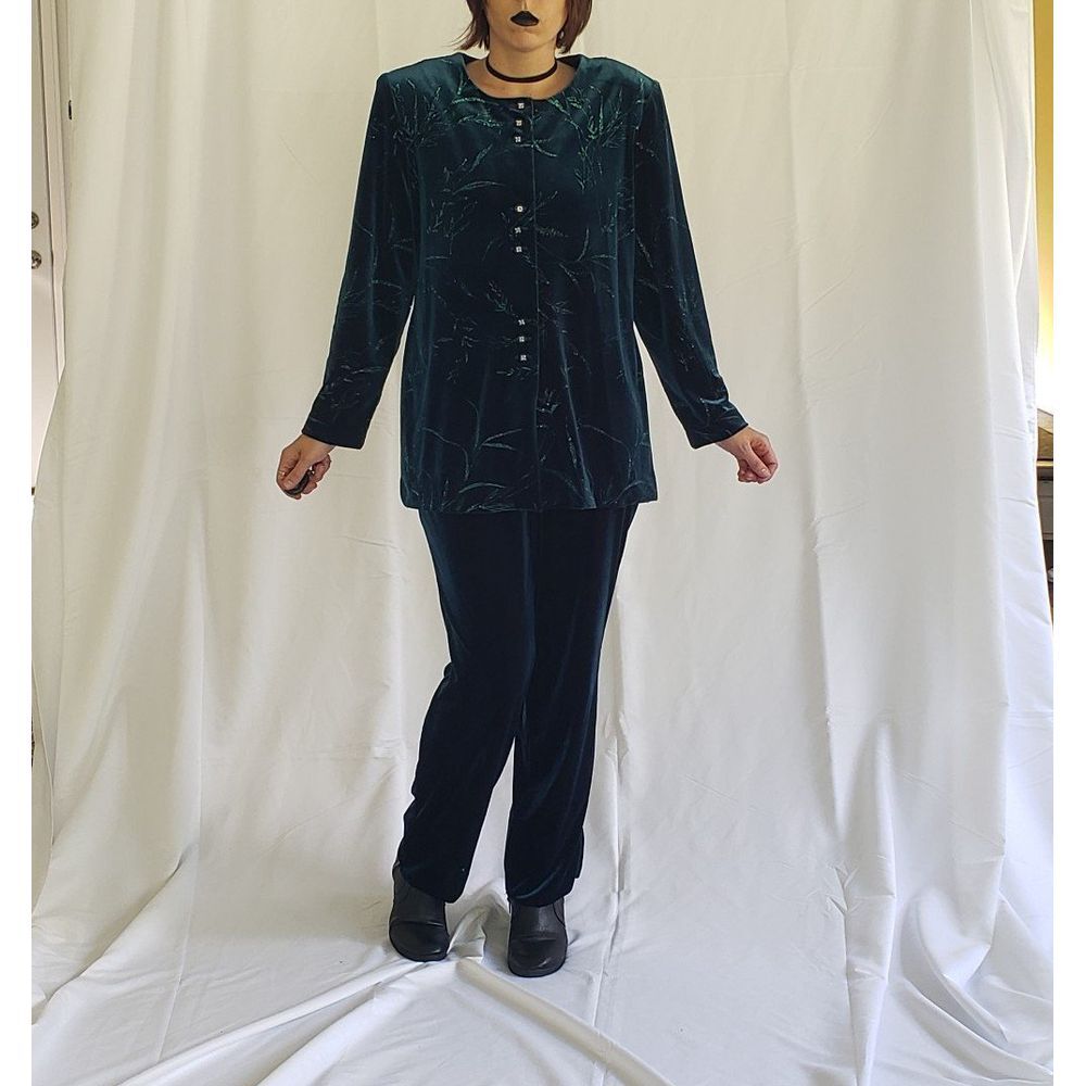 90s Sparkly Velvet‎ Teal Pants and Top Set
